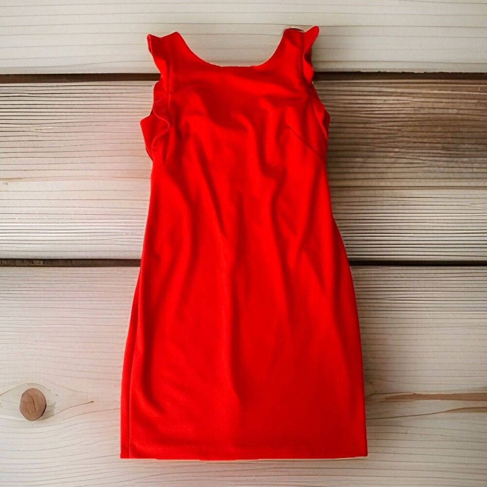 Calvin Klein Size 12 Red Orange Knee Length Sheath Dress Ruffle Sleeve Stretch